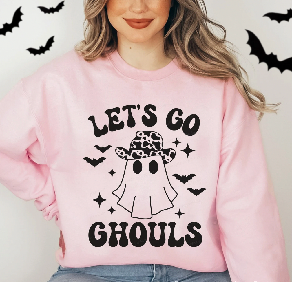 Lets Go Ghouls Ghost Halloween Pink Crewneck