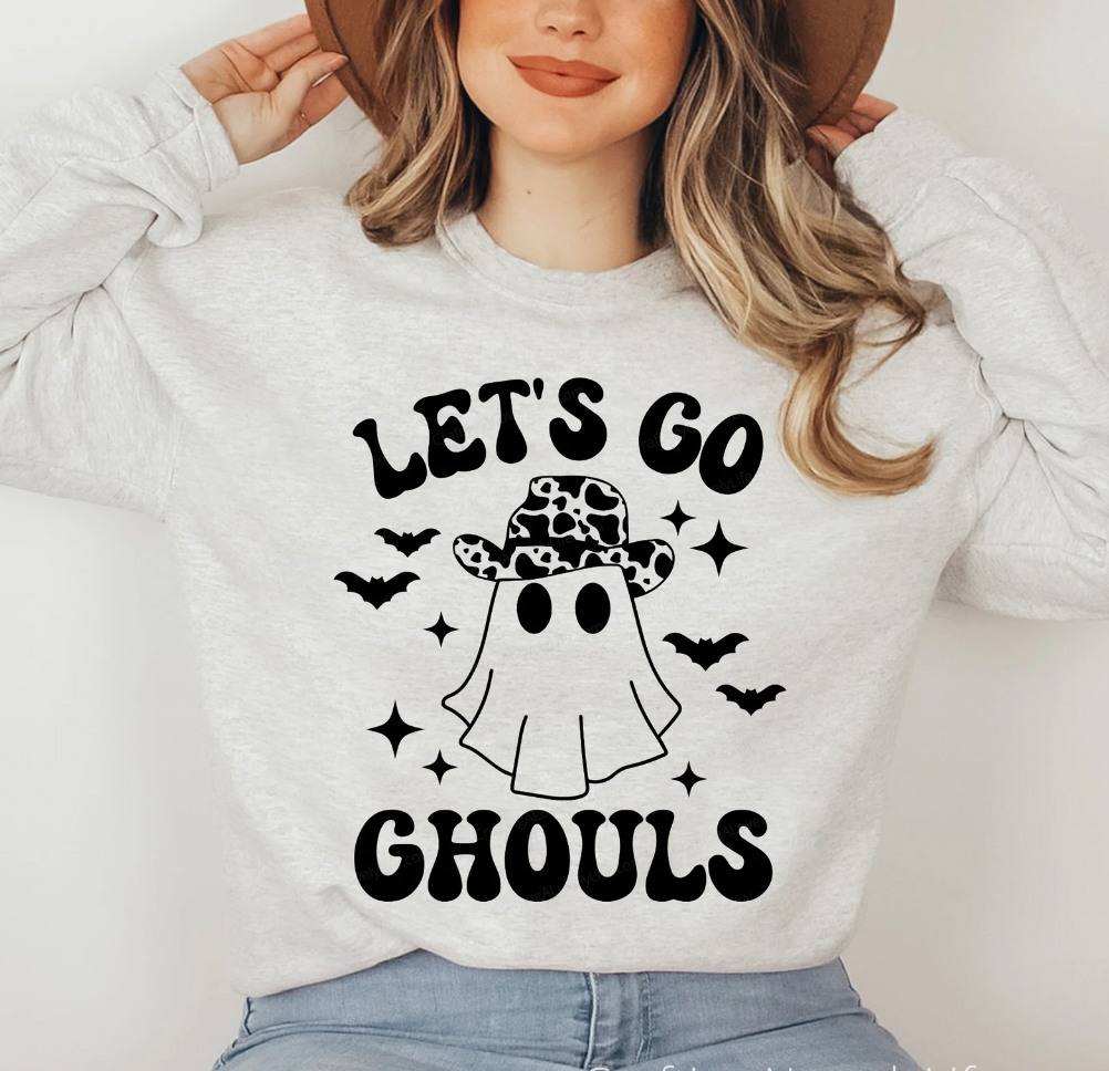 Lets Go Ghouls Ghost Halloween Light Grey Crewneck