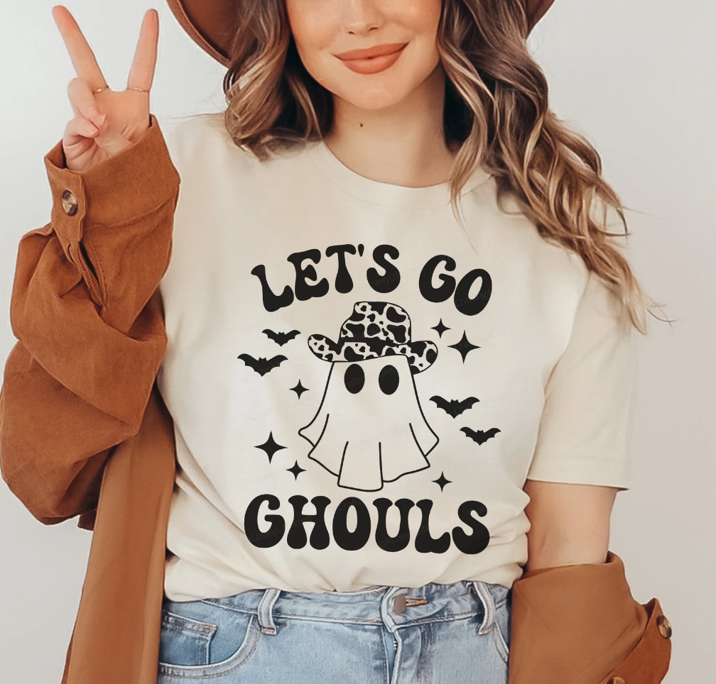 Lets Go Ghouls Ghost Halloween Tan Shirt