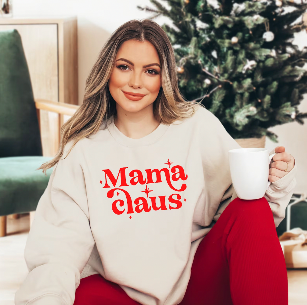 Mama Clause Christmas Tan Crewneck