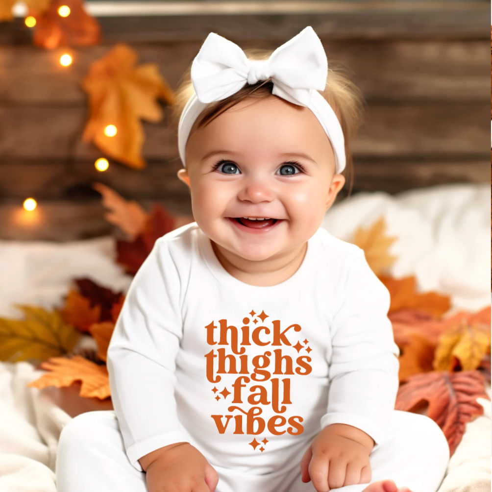Thick Thighs & Fall Vibes White Long Sleeve Bodysuit for Babies