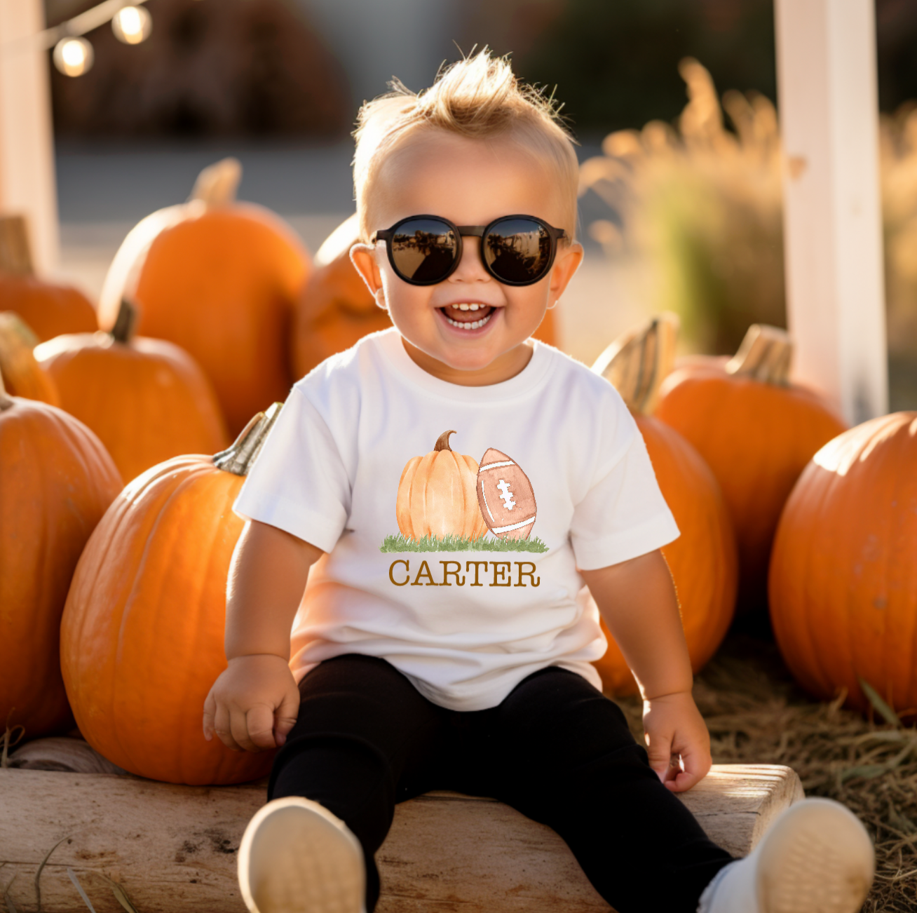 Personalized Fall Pumpkin Football White Shirt for Toddlers