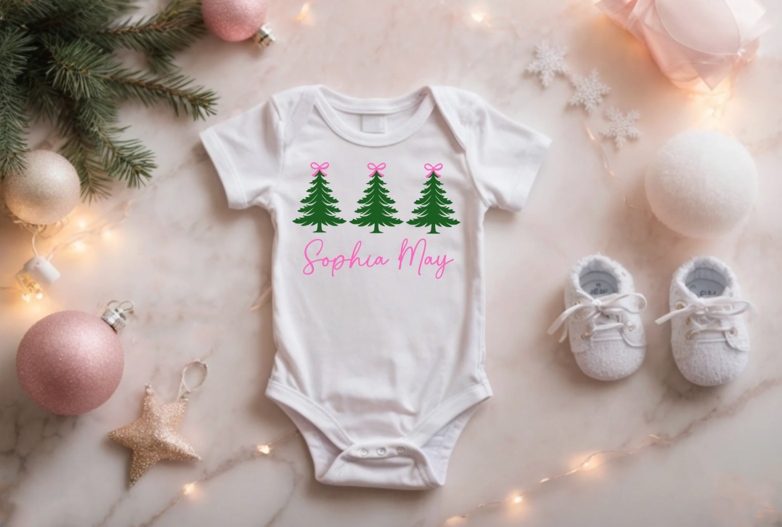Personalized Pink Bow Christmas Tree Bodysuit for Babies