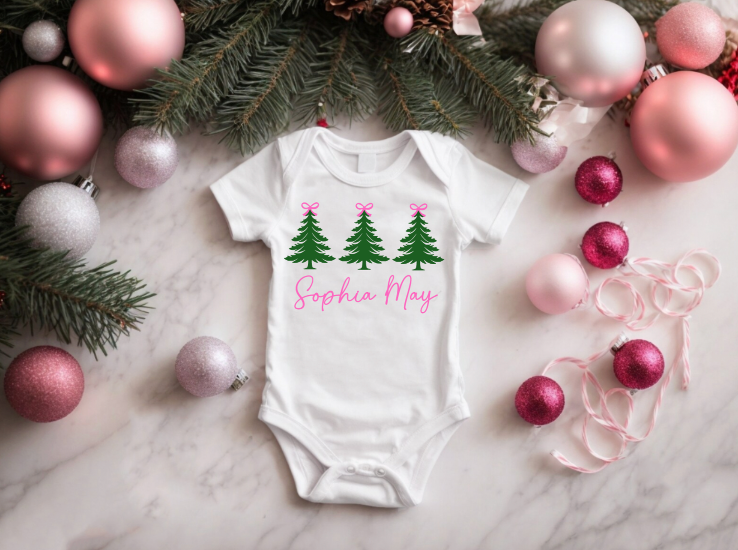 Personalized Pink Bow Christmas Tree Bodysuit for Babies