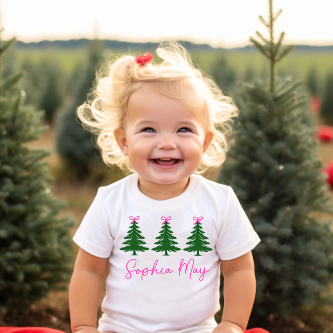 Personalized Pink Bow Christmas Tree Bodysuit for Babies