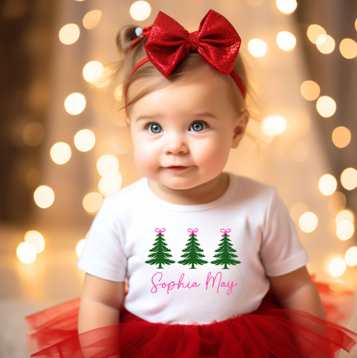 Personalized Pink Bow Christmas Tree Bodysuit for Babies