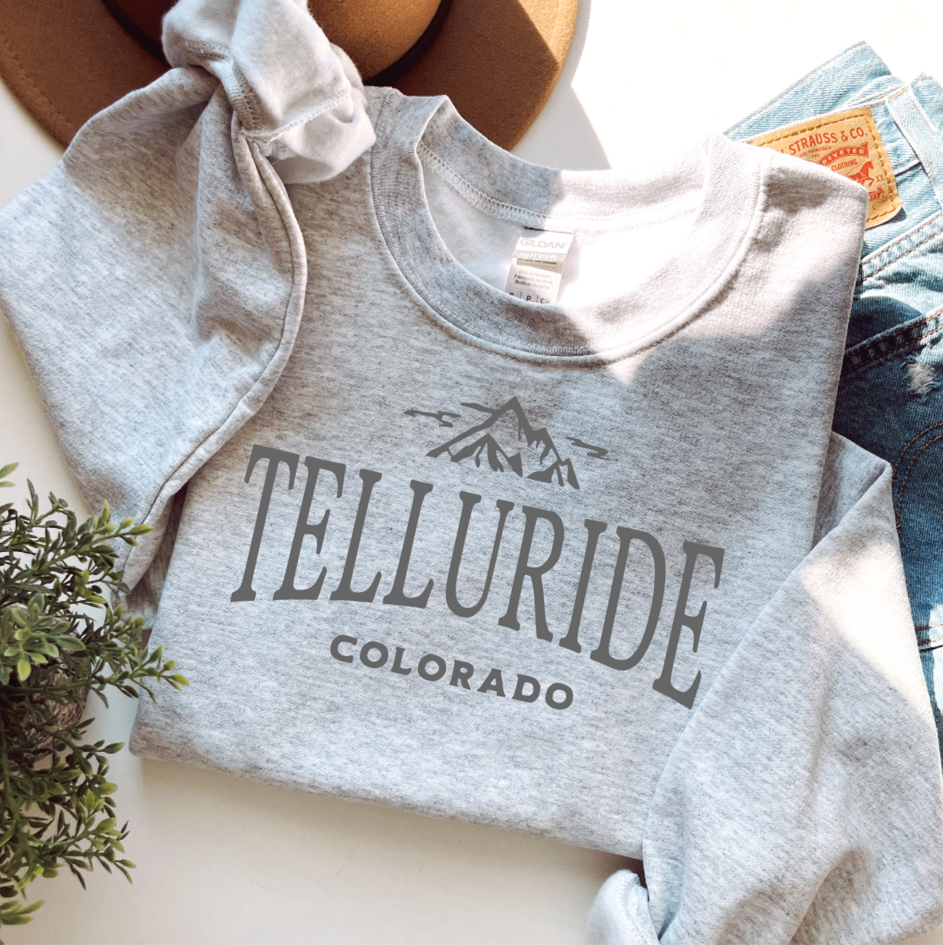 Telluride Colorado Travel Winter Grey Trendy Crewneck