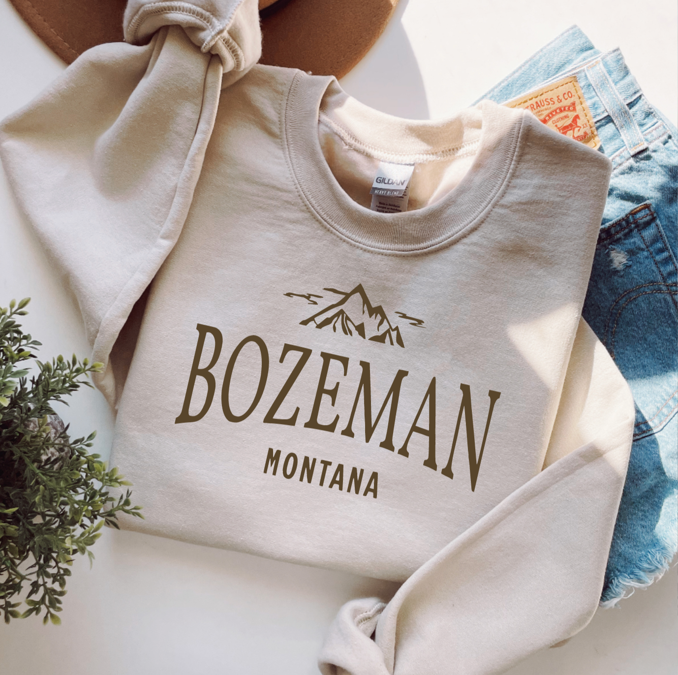 Bozeman Montana Travel Winter Tan Trendy Crewneck