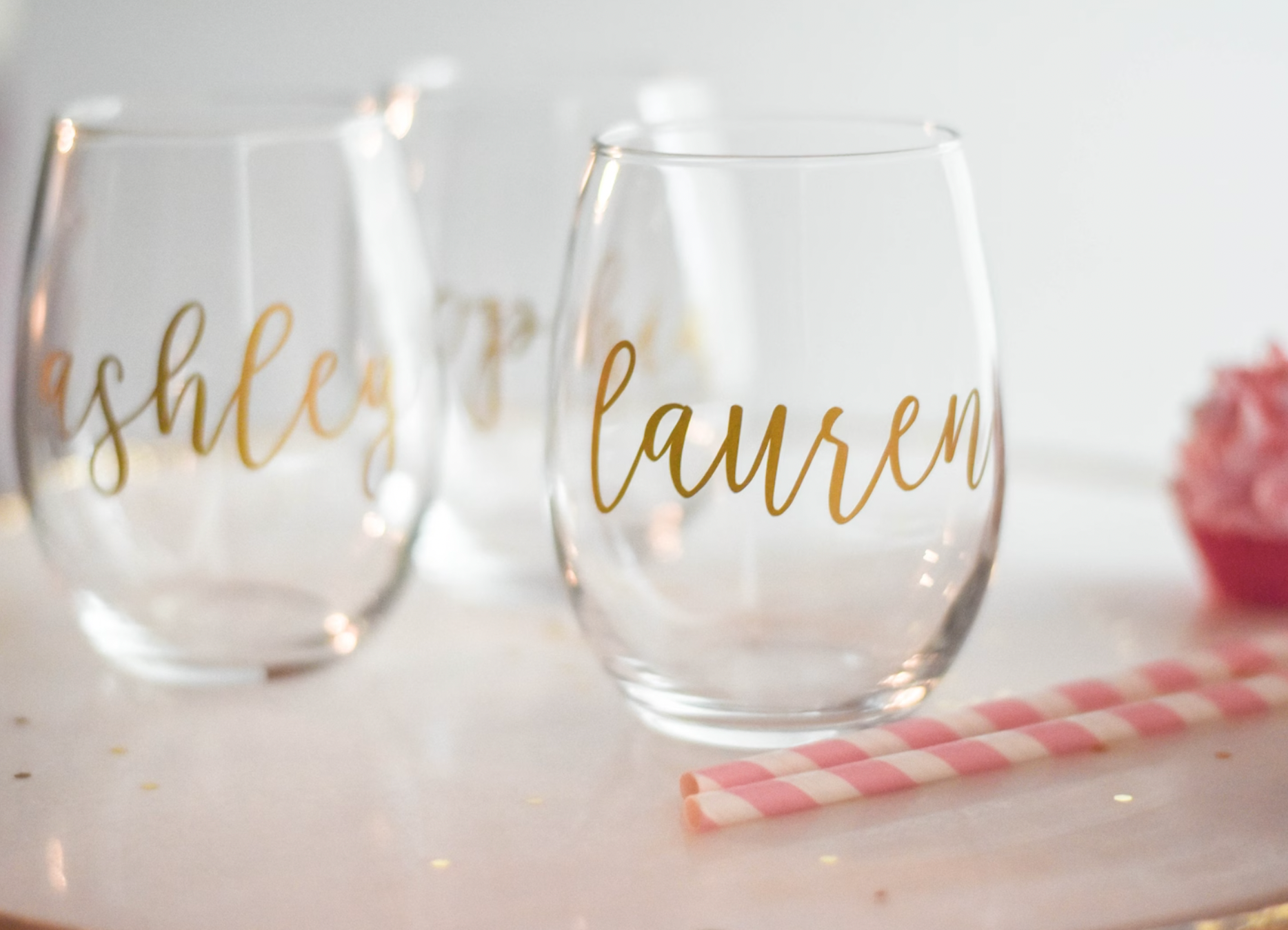 Personalized Stemless Gold Bridesmaid Wedding Wine Glass