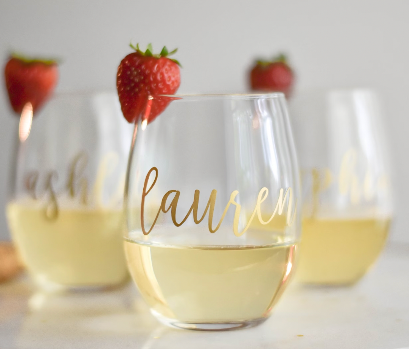 Personalized Stemless Gold Bridesmaid Wedding Wine Glass
