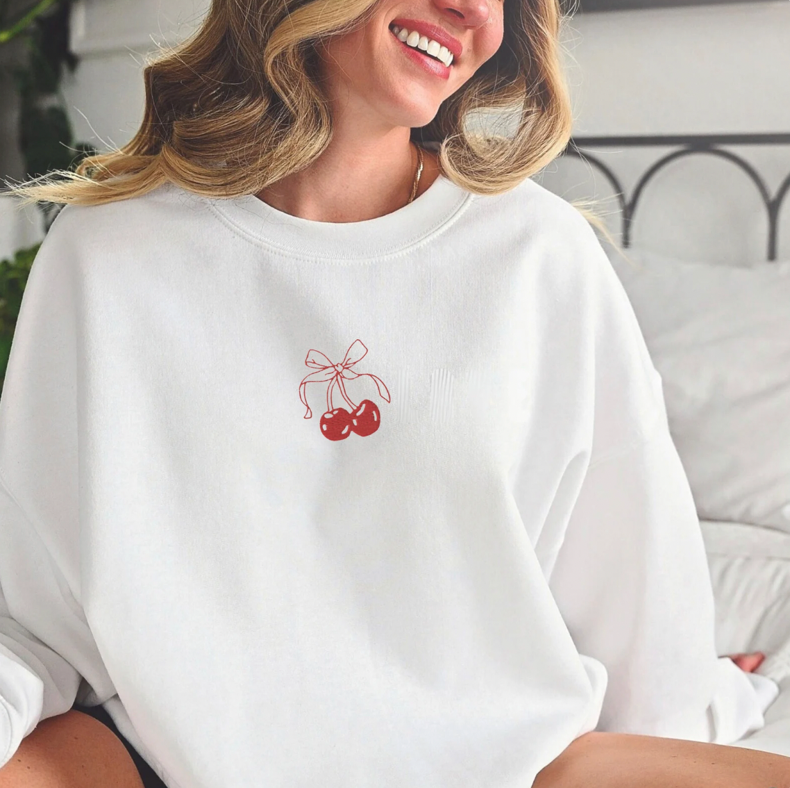 Coquette Small Bow and Cherries Valentine's Day White Crewneck