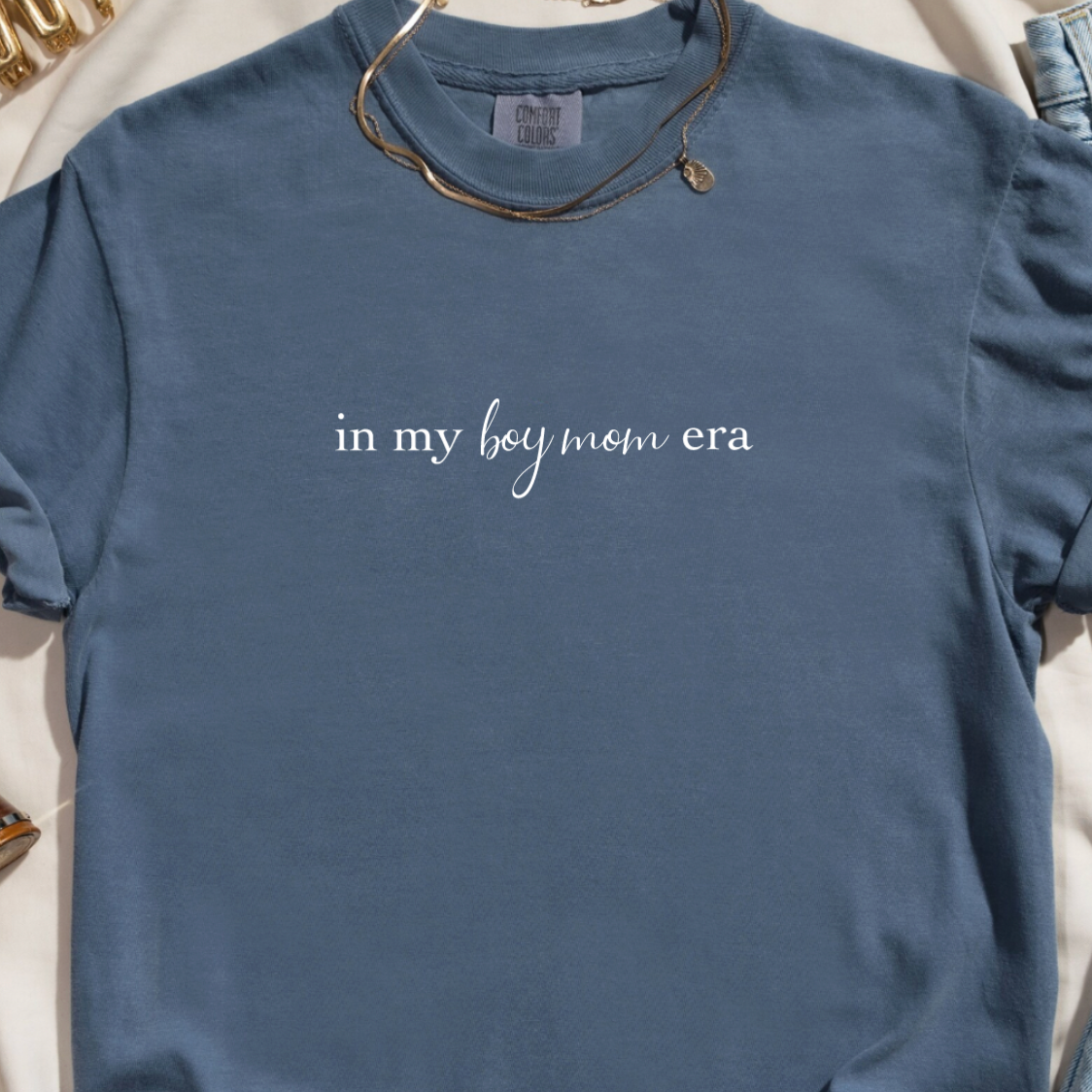 In My Boy Mom Era Denim Blue Comfort Colors Shirt for Moms
