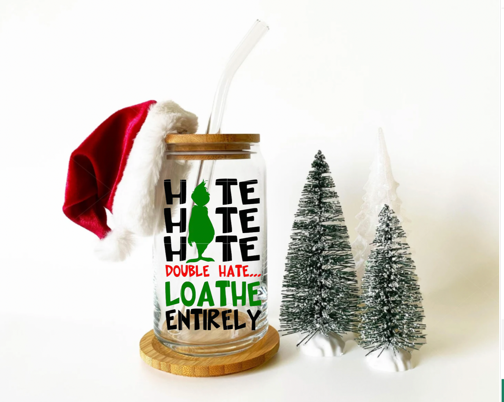 Christmas Tree Movie Glass Coffee Cup with Bamboo Lid and Glass Straw