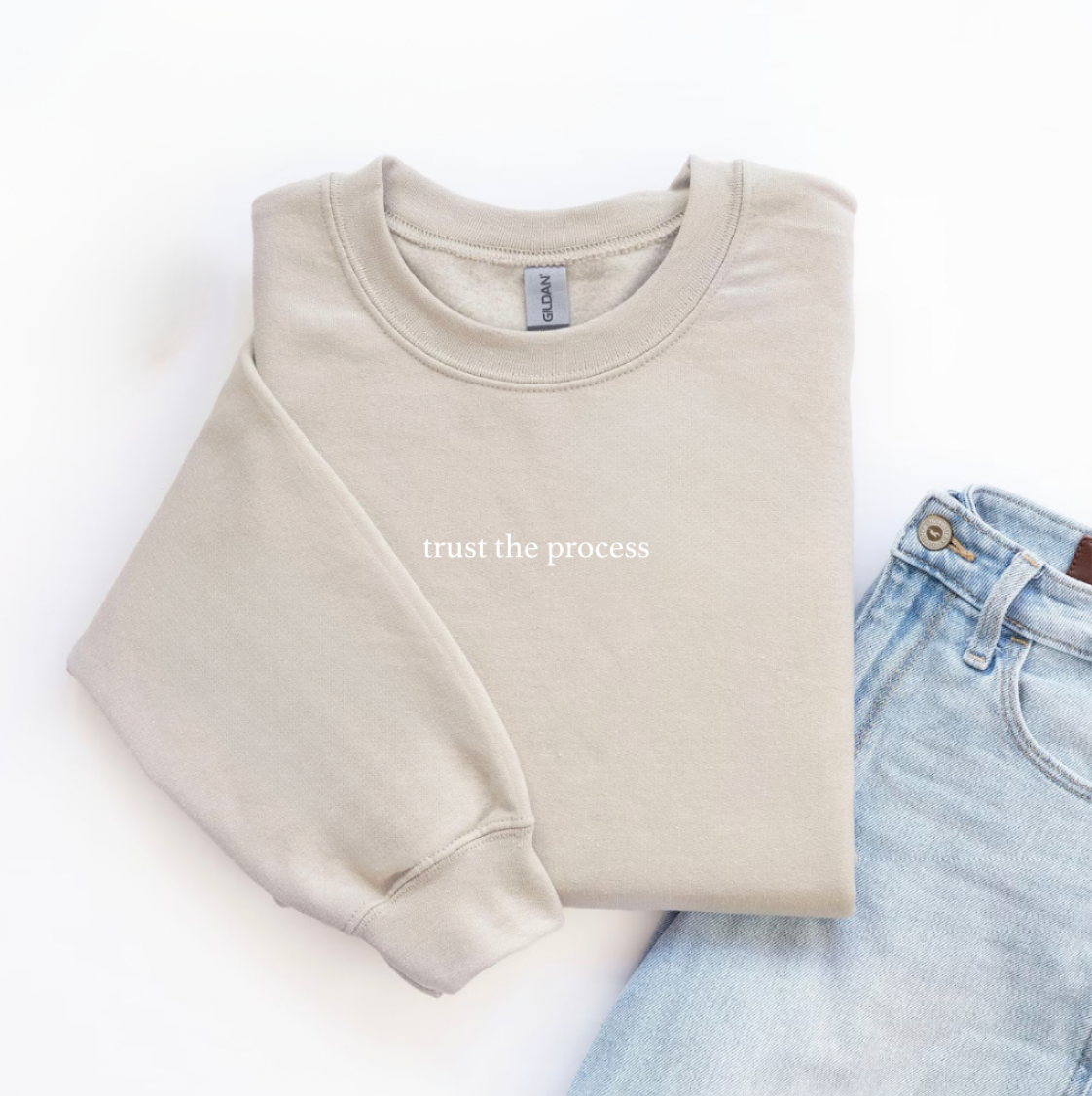 Trust The Process Faith Based Tan Crewneck