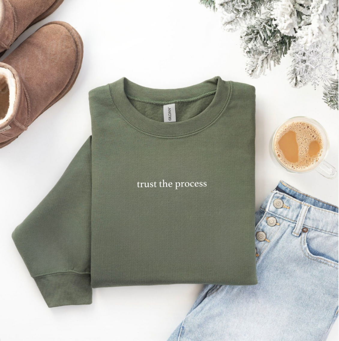 Trust The Process Faith Based Olive Crewneck