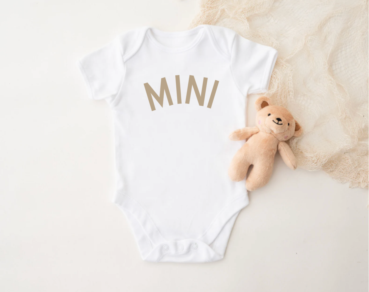 Tan Mini White Long Sleeve Bodysuit or T-Shirt