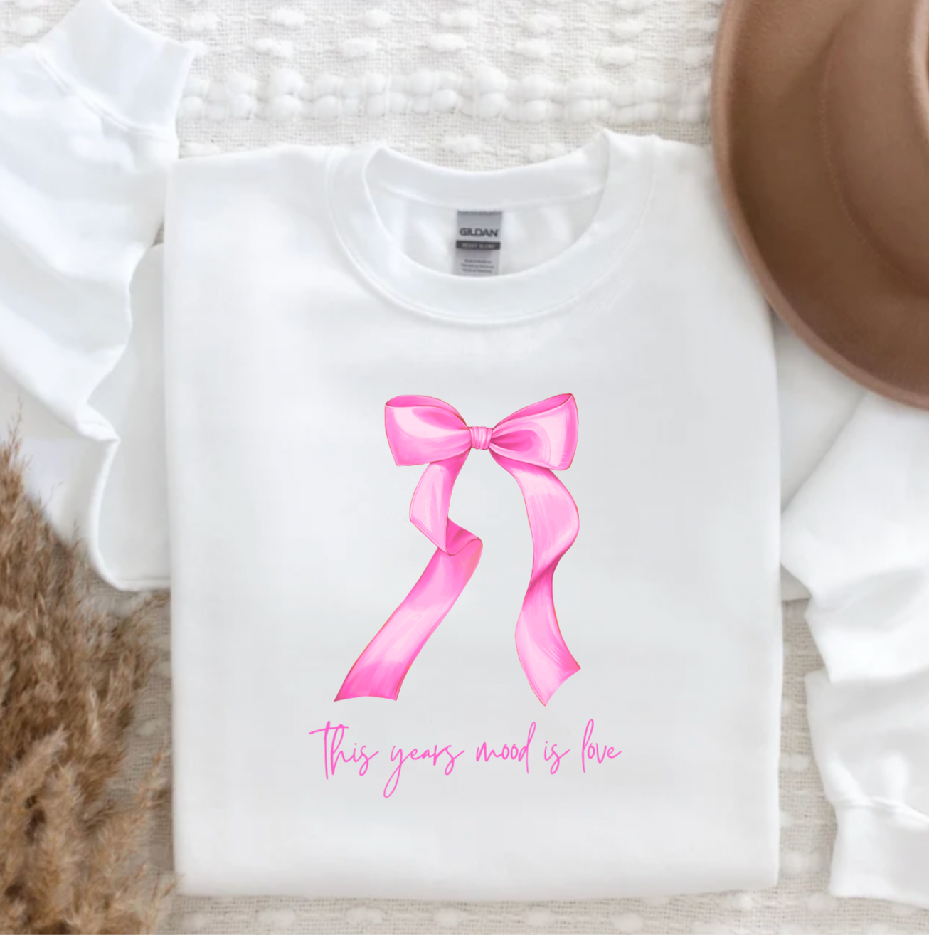 This Years Mood Is Love Pink Bow Coquette Valentine's Day White Crewneck