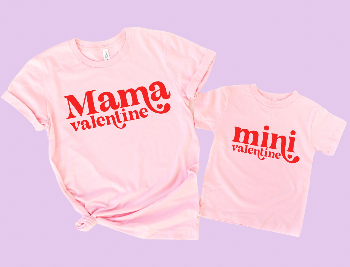 Mama Valentine and Mini Valentine Matching Light Pink and Red Valentines Day T-Shirt Set