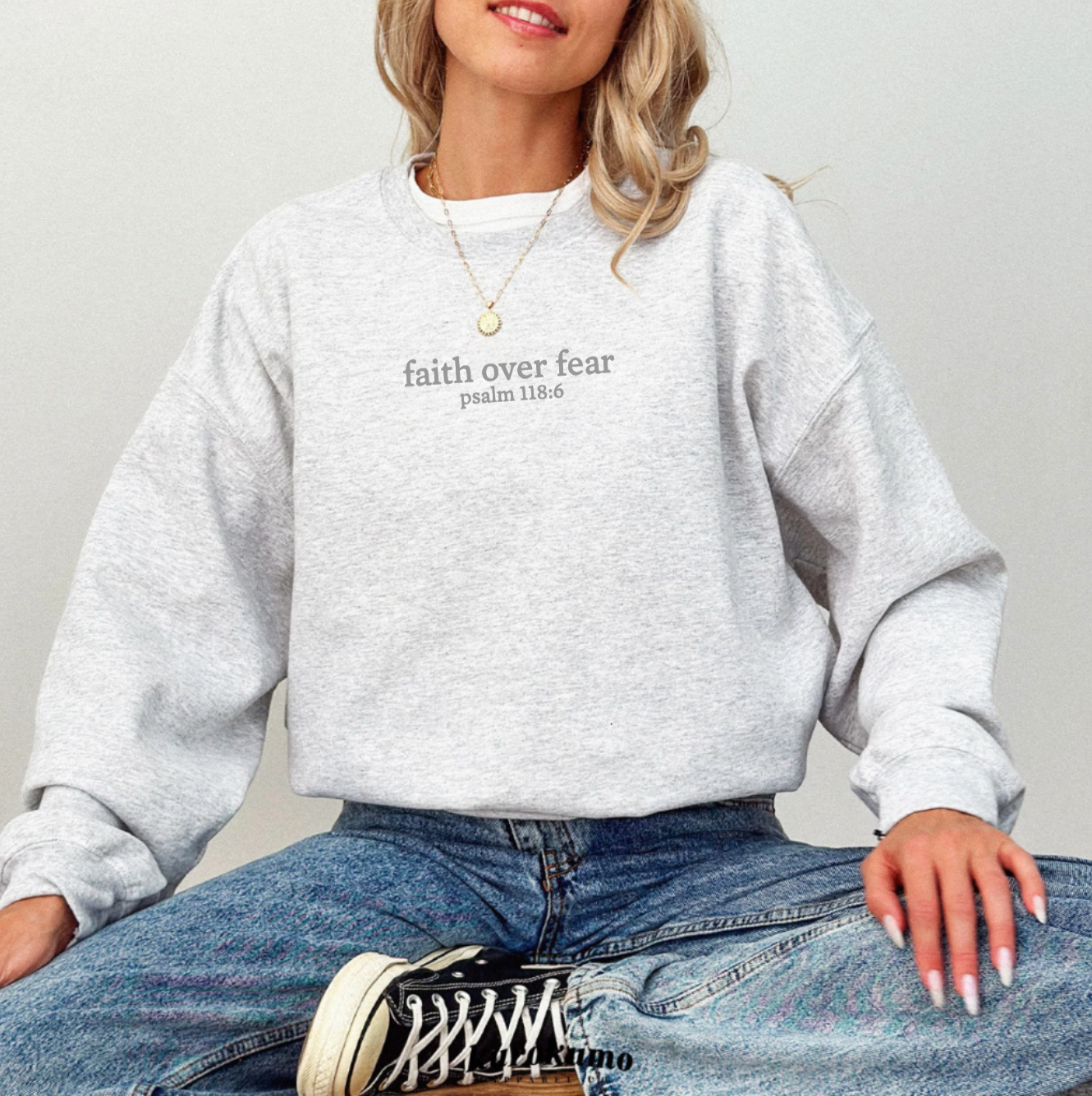 Faith Over Fear Light Grey Oversized Crewneck