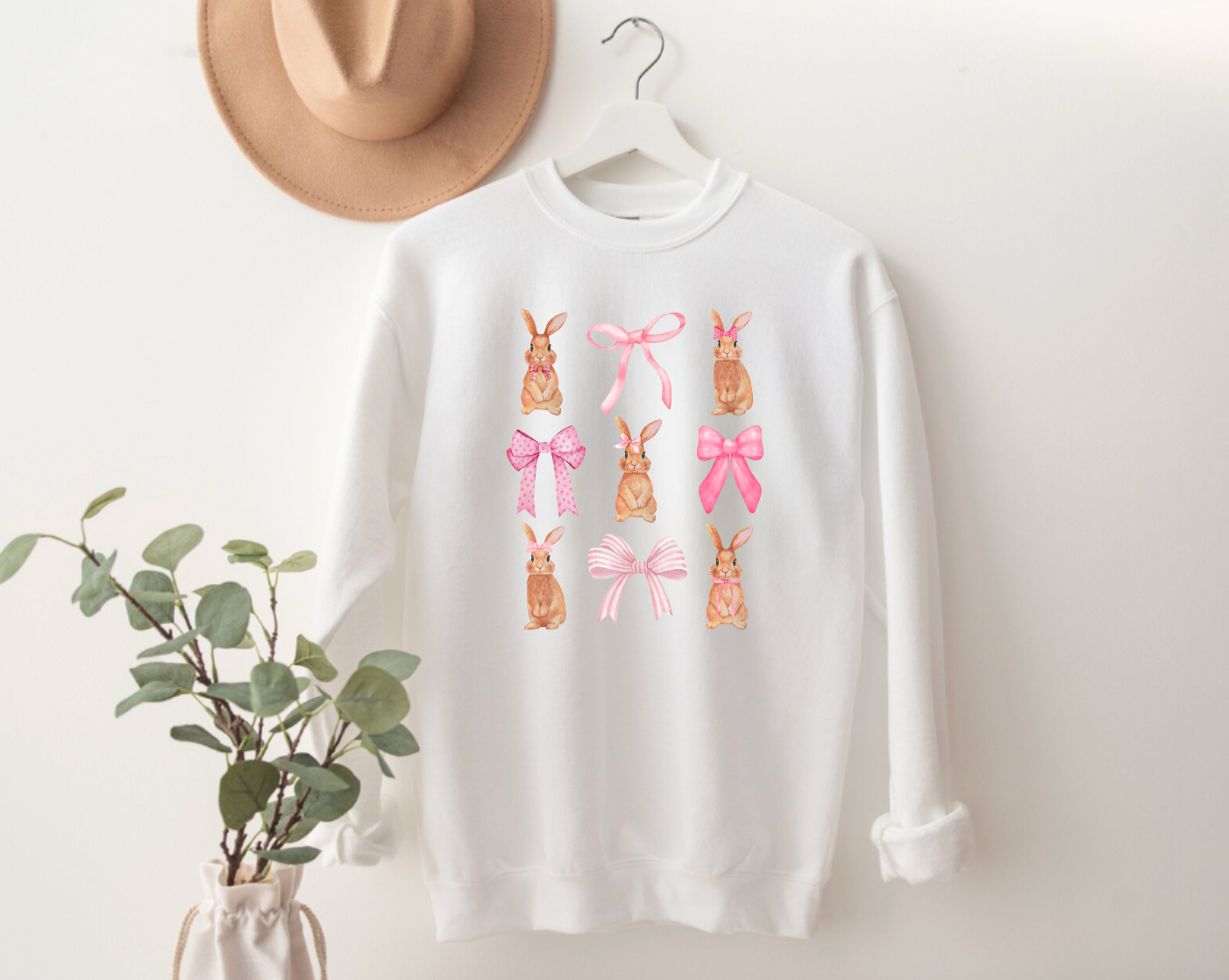 Pretty Pink Bow Bunny White Easter Crewneck