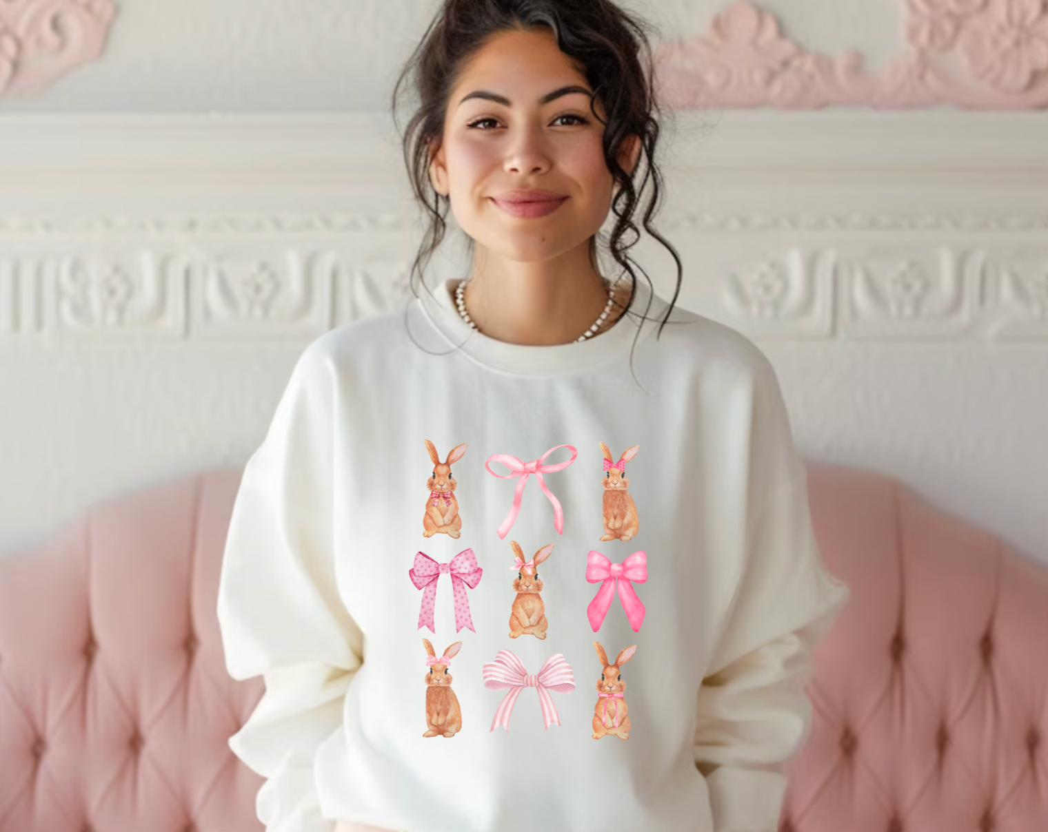 Pretty Pink Bow Bunny White Easter Crewneck