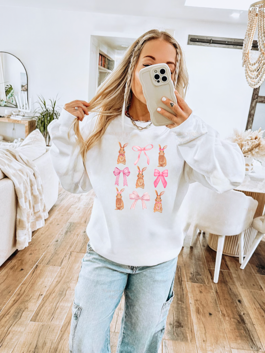 Pretty Pink Bow Bunny White Easter Crewneck