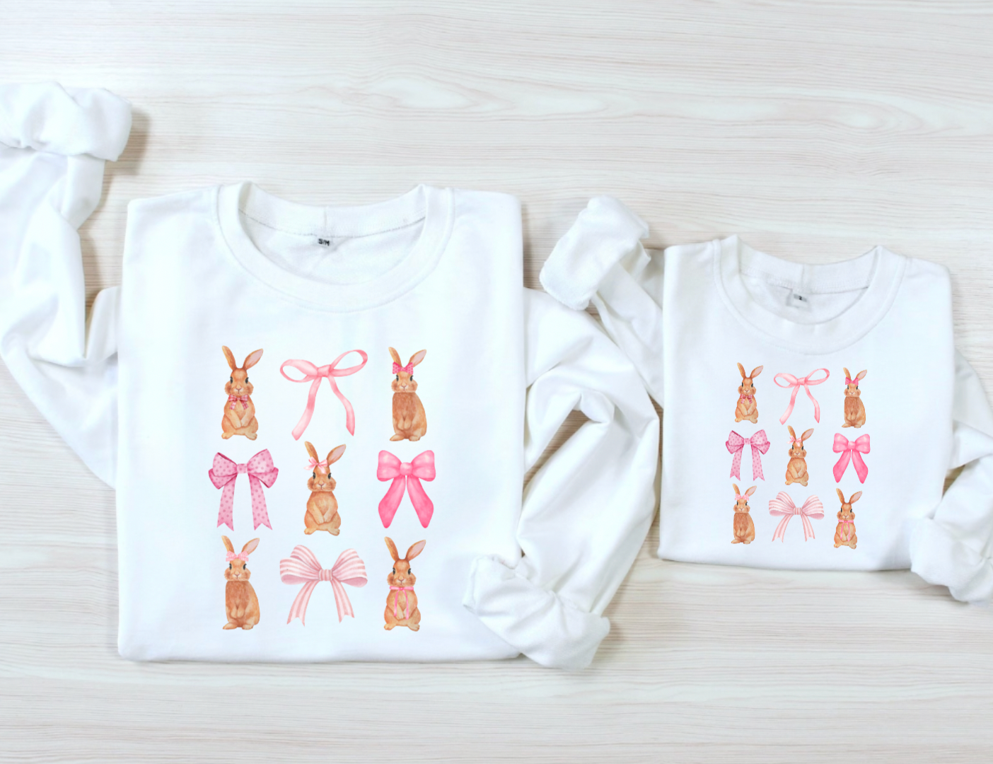 Mommy and Me Matching Easter Pink Bow Bunny White Long Sleeve