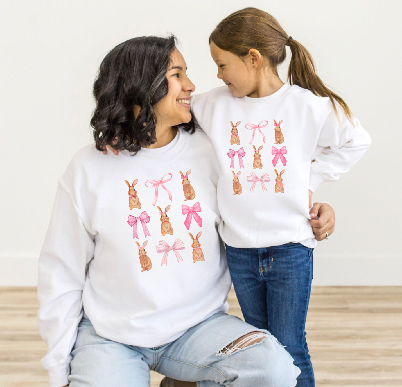 Mommy and Me Matching Easter Pink Bow Bunny White Long Sleeve