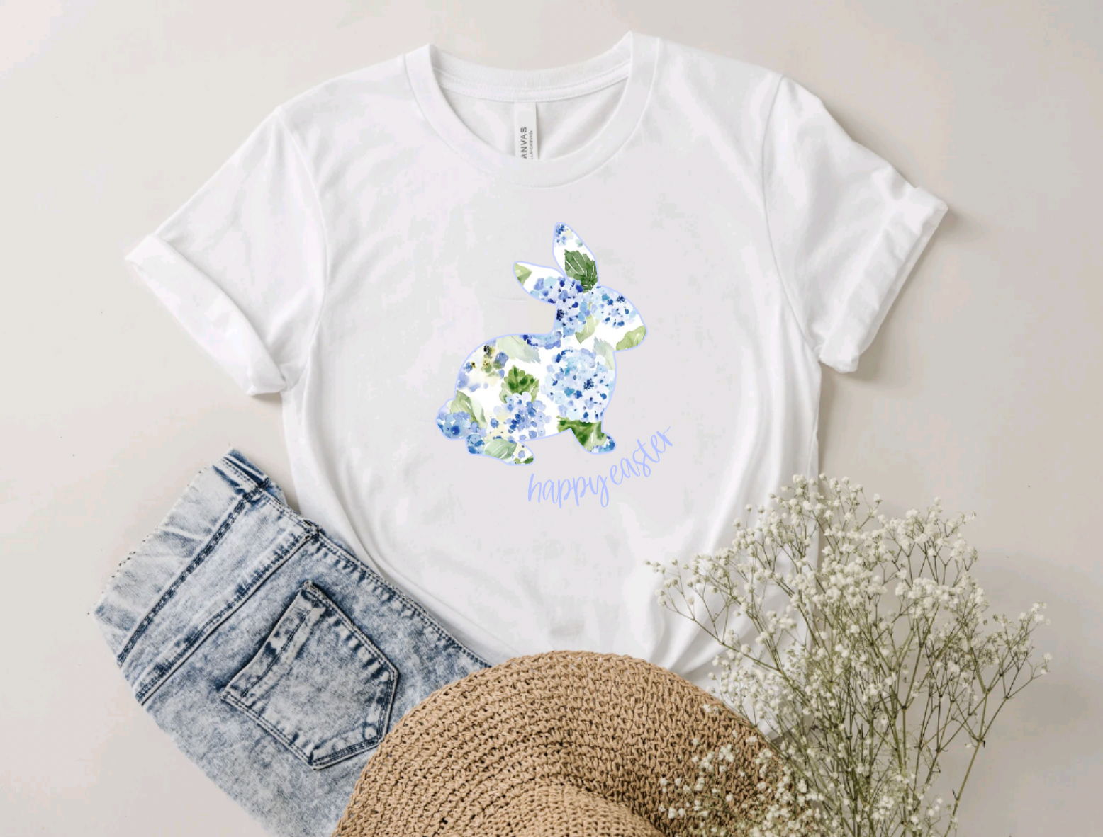 Pretty Blue Hydrangea Floral Bunny White Easter Tee