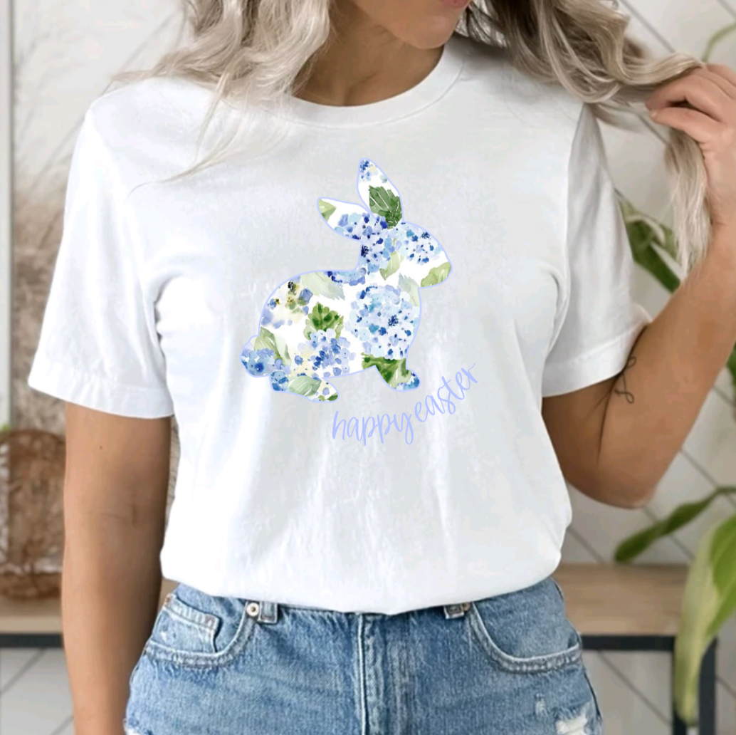 Pretty Blue Hydrangea Floral Bunny White Easter Tee