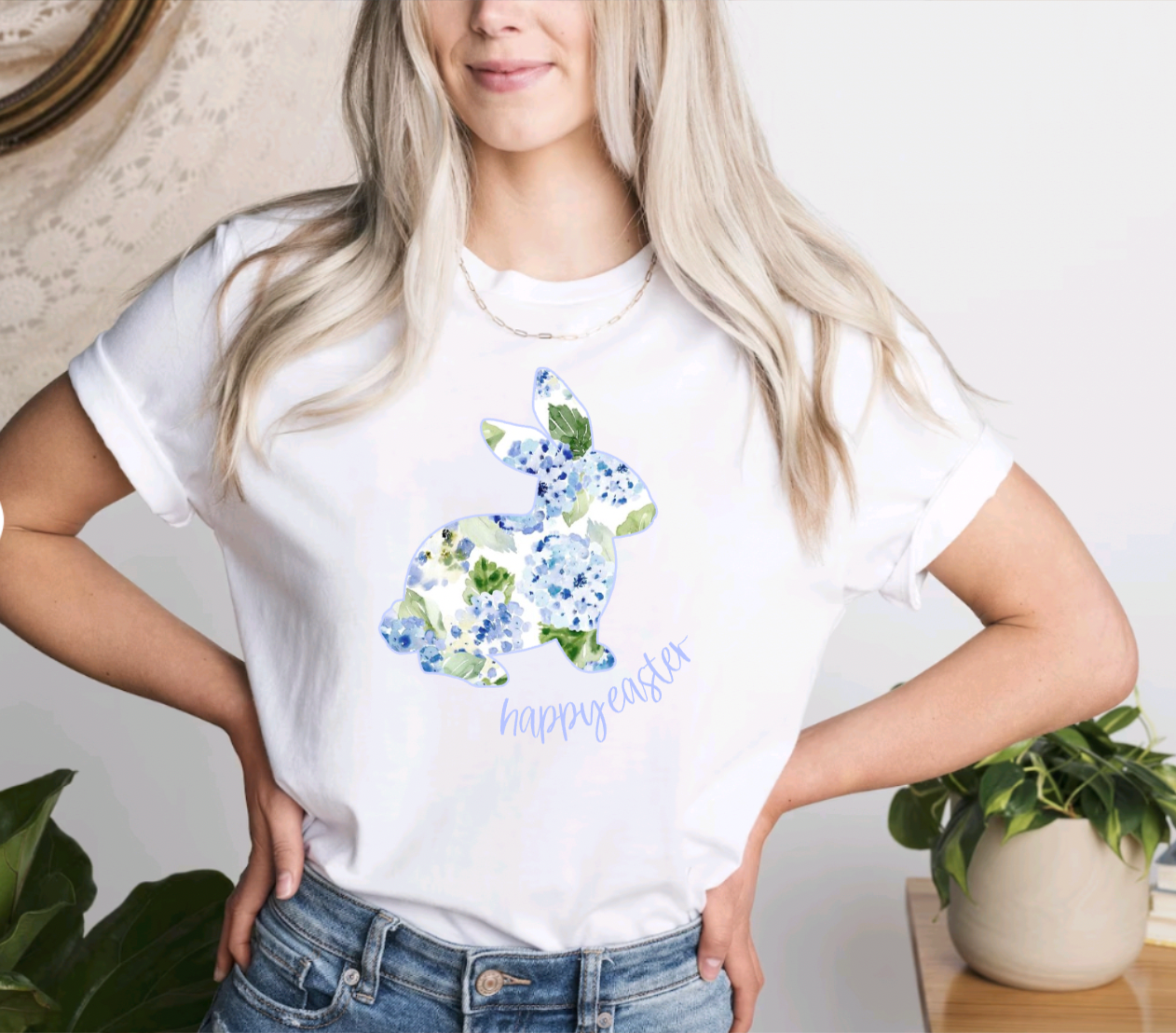 Pretty Blue Hydrangea Floral Bunny White Easter Tee
