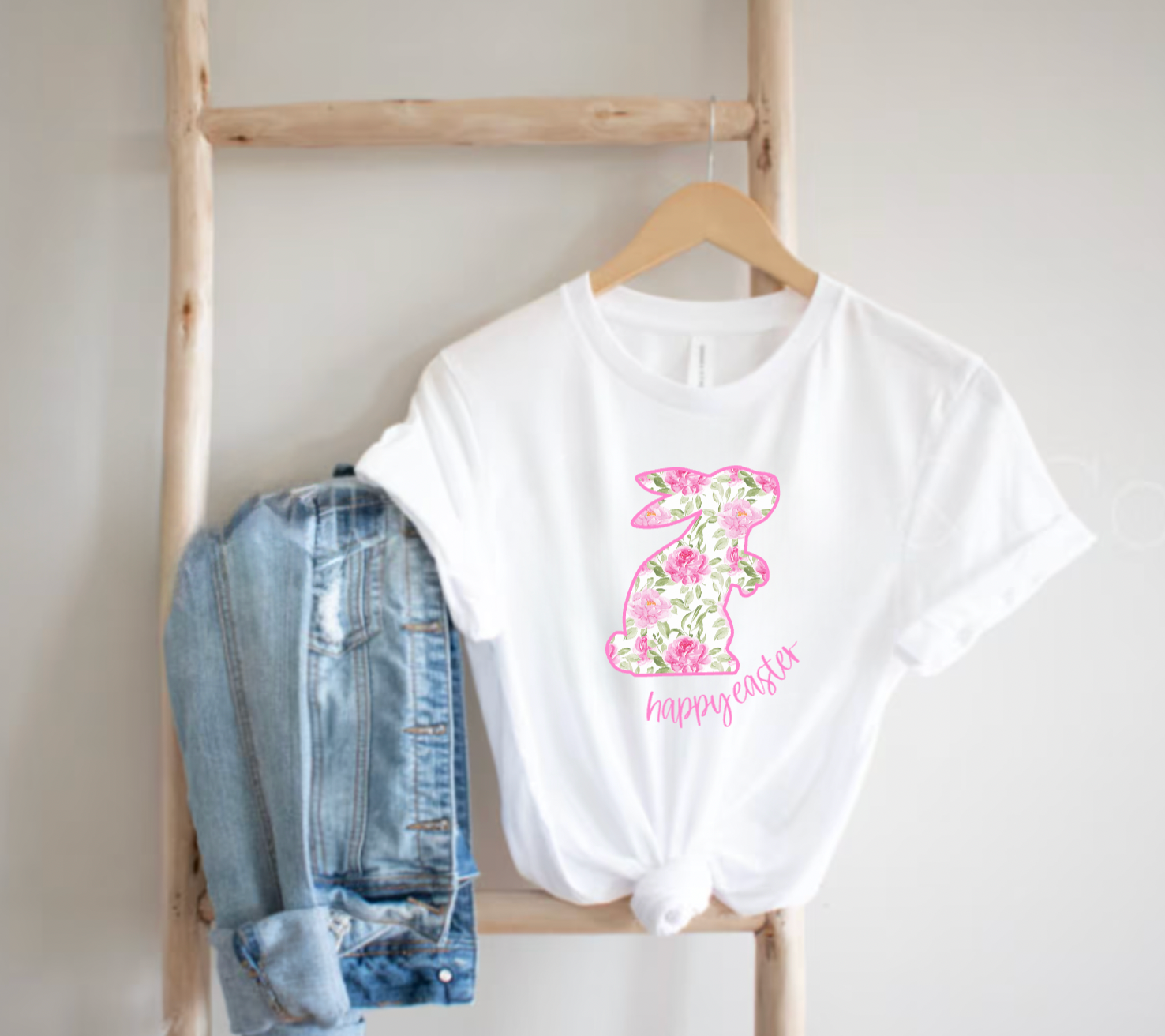 Pretty Pink Floral Bunny White Easter Tee