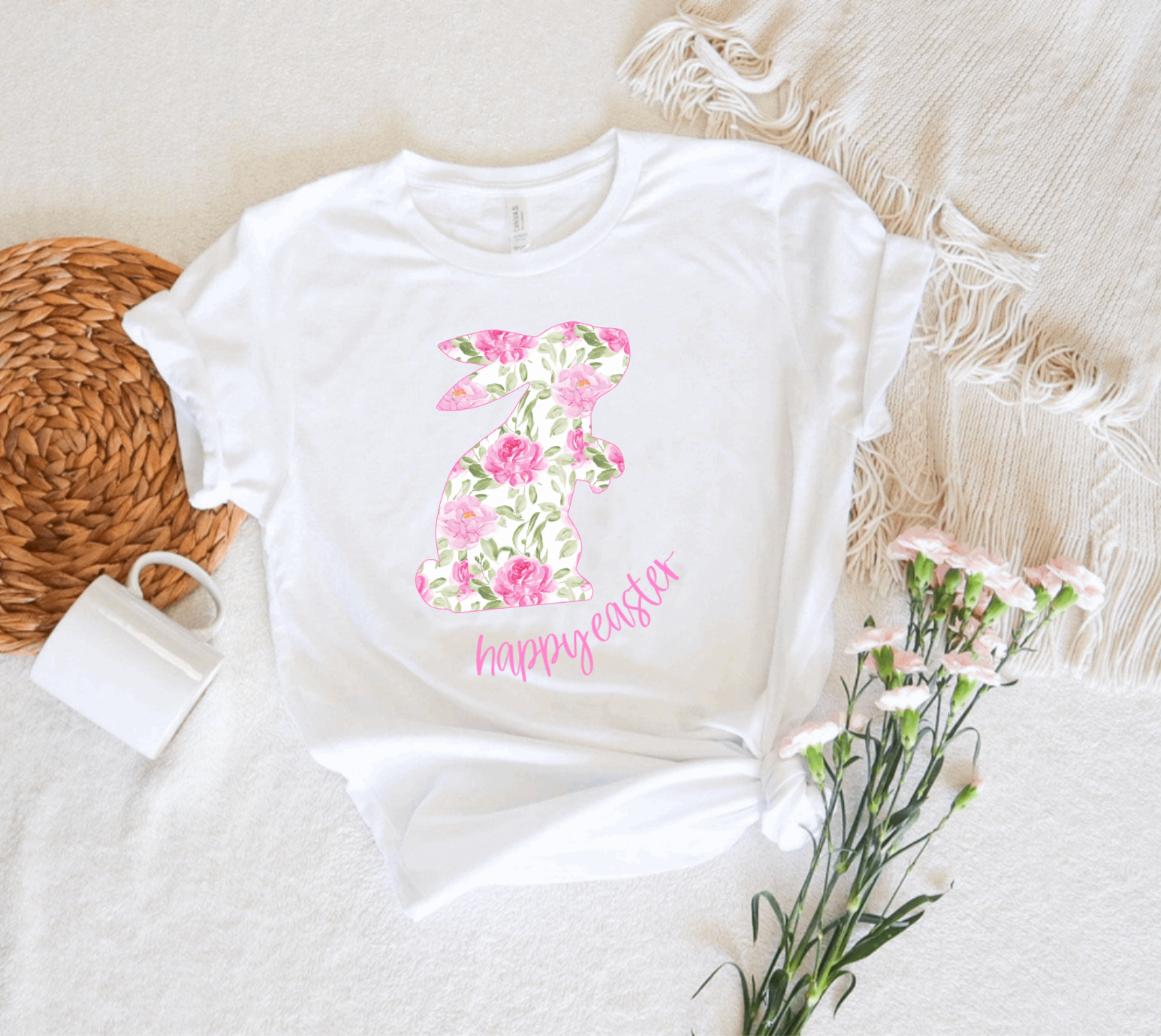 Pretty Pink Floral Bunny White Easter Tee