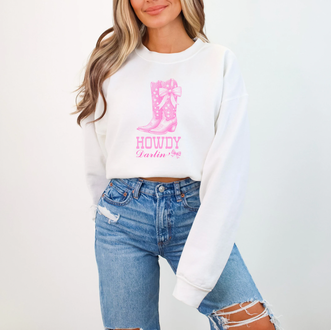 Howdy Darlin White Country Cowgirl Boots Crewneck