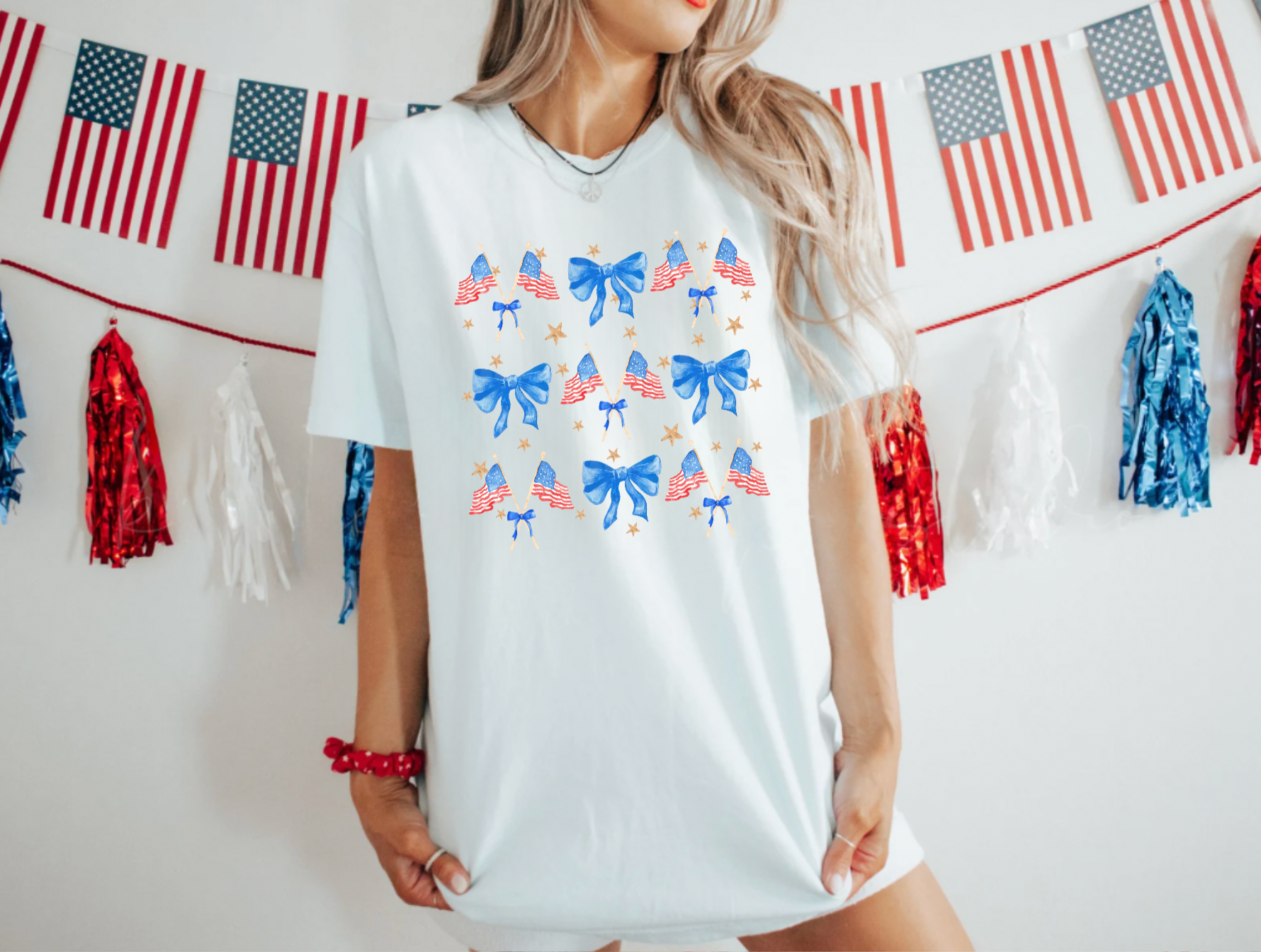 Fourth of July Blue Bow and Flag T-Shirt