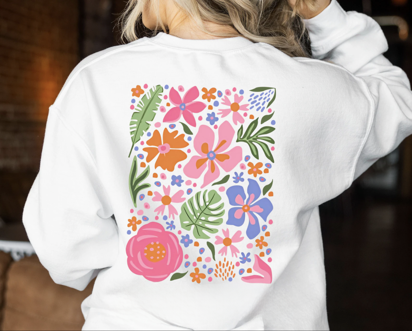 Boho Floral Summer White Crewneck