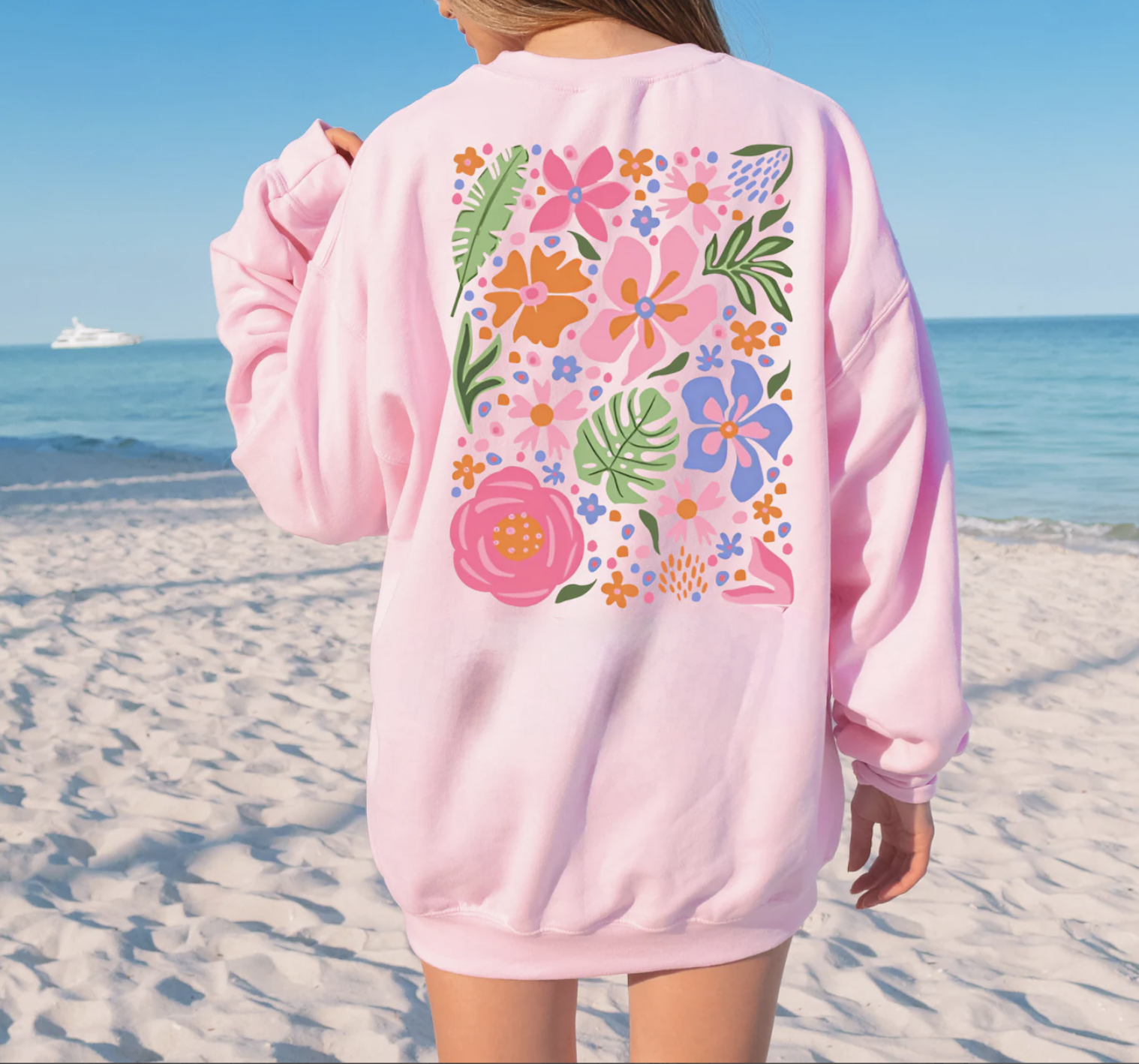 Boho Floral Summer Light Pink Crewneck