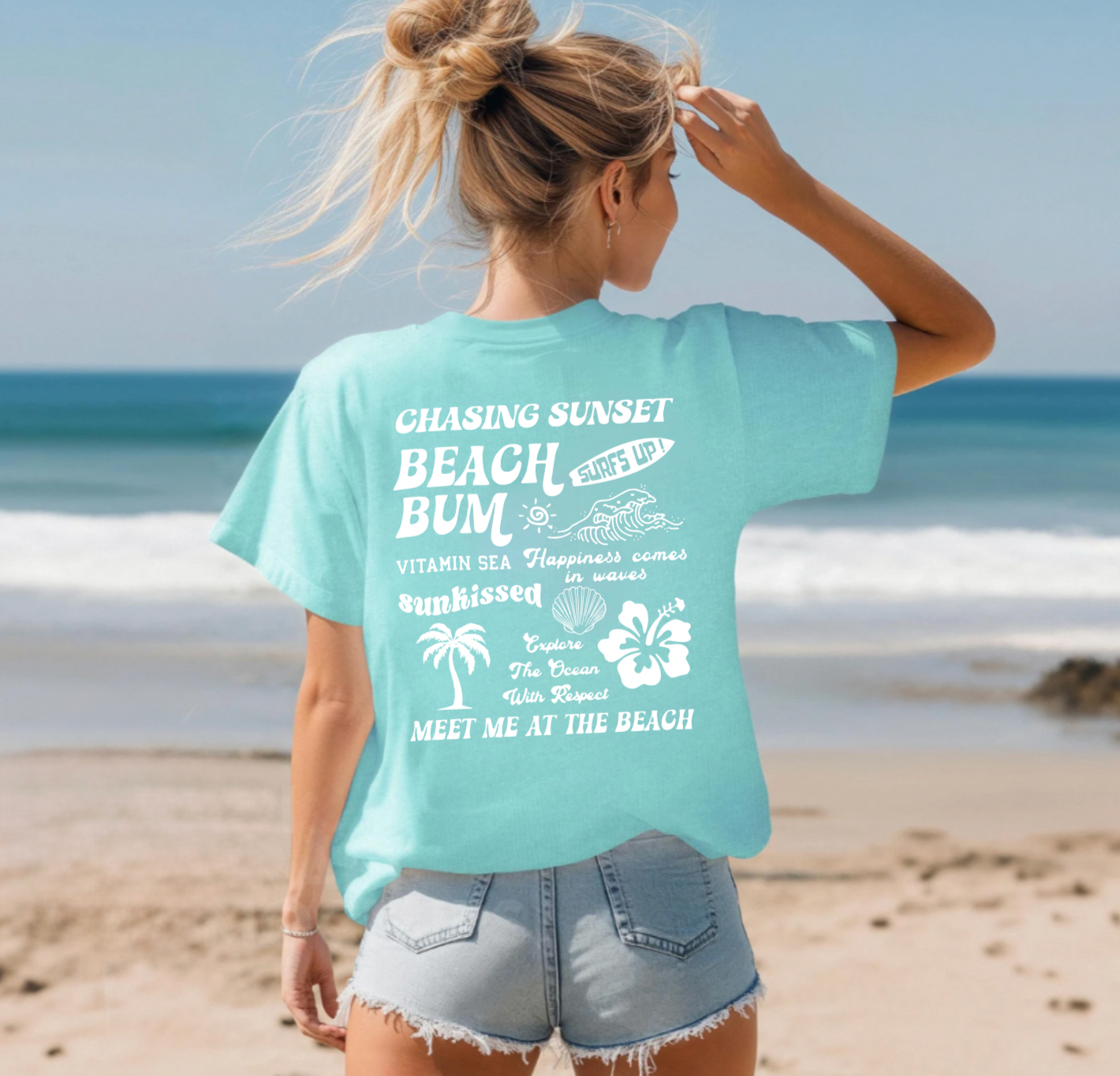 Beach Bum – Oversized Blue Summer T-Shirt | Relaxed Coastal Graphic Tee for Women