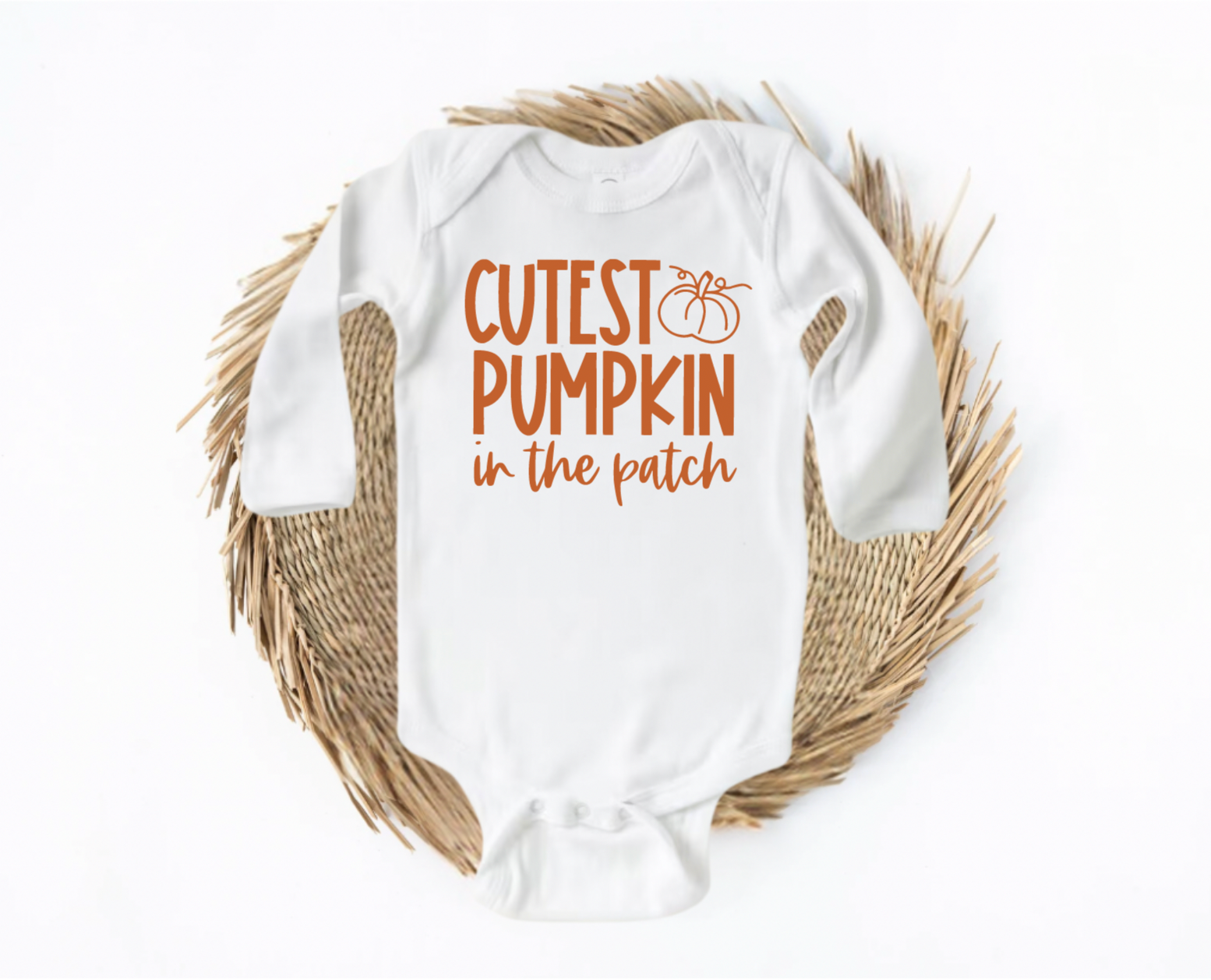 Cutest Pumpkin In the Patch White and Burnt Orange Long Sleeve Bodysuit for Babies