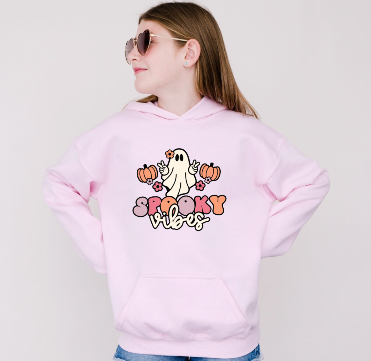 Spooky Vibes Pink Halloween Hooded Sweatshirt for Kids