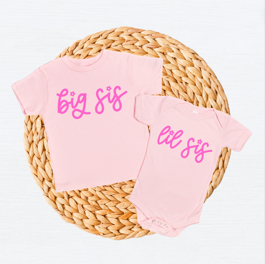 Big Sis Little Sis Pink Flower Matching Light Pink Shirts for Sisters