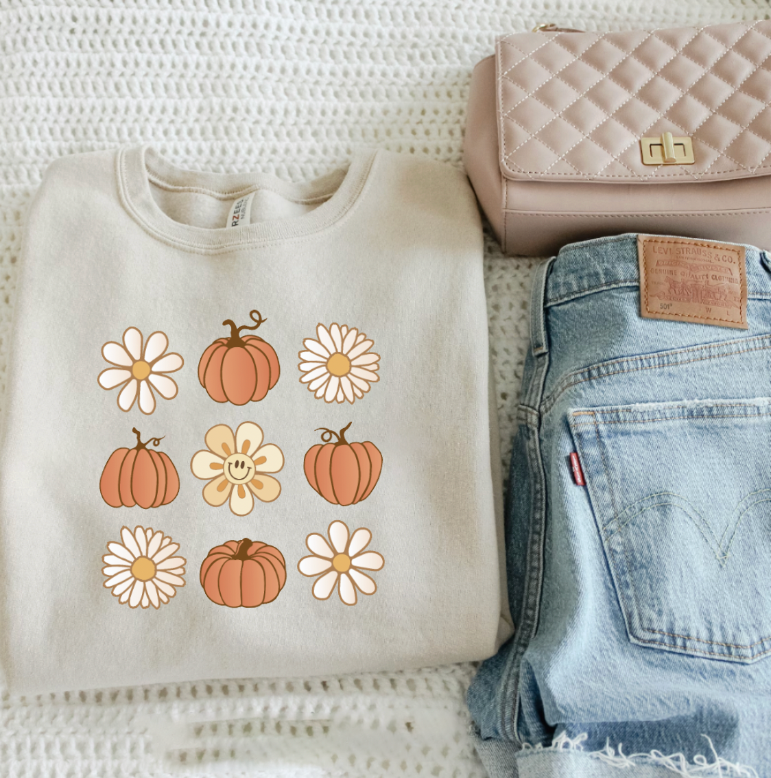 Retro Fall Pumpkin and Daisy Tan Crewneck