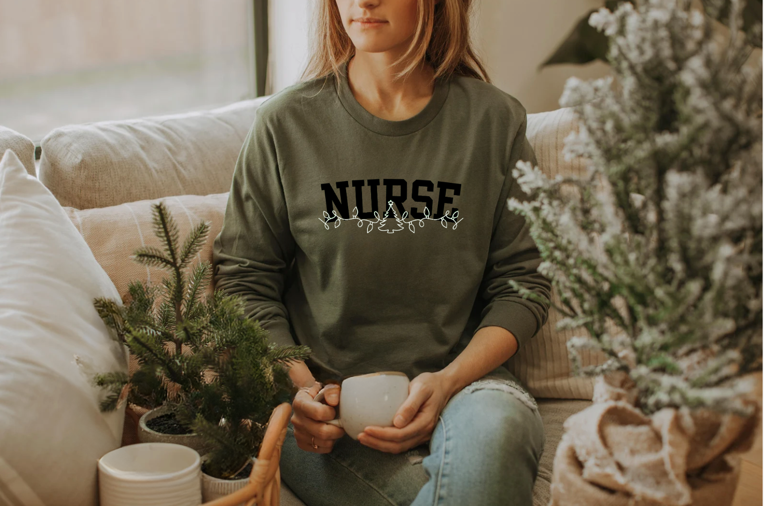 Nurse Olive Green Christmas Long Sleeve Shirt