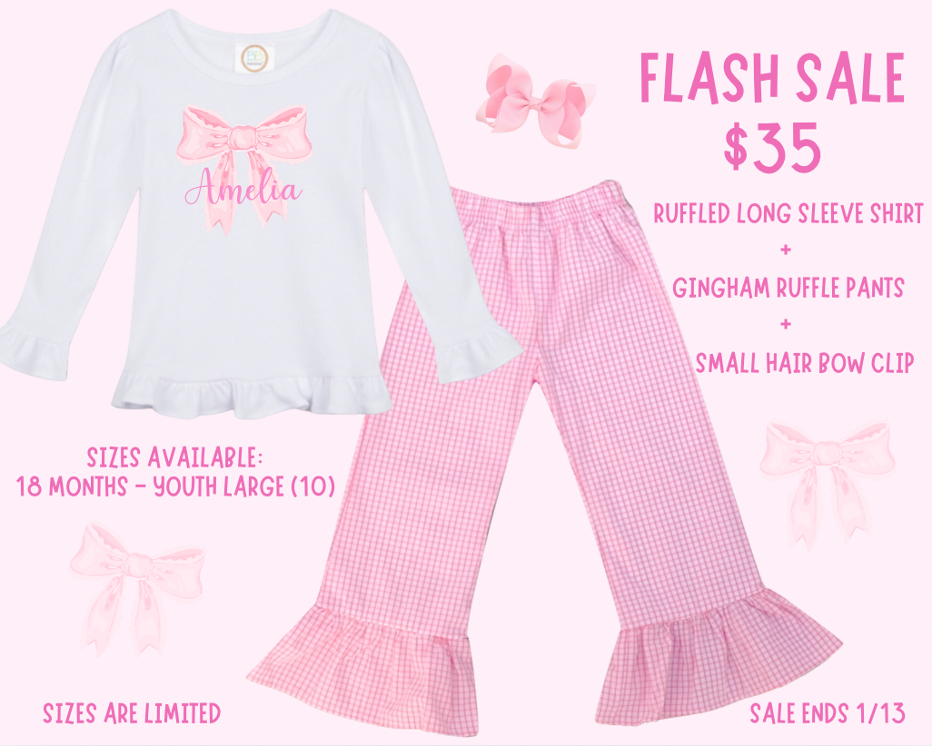RUFFLED LONG SLEEVE SHIRT + GIGHAM RUFFLE PANTS + SMALL HAIR BOW CLIP