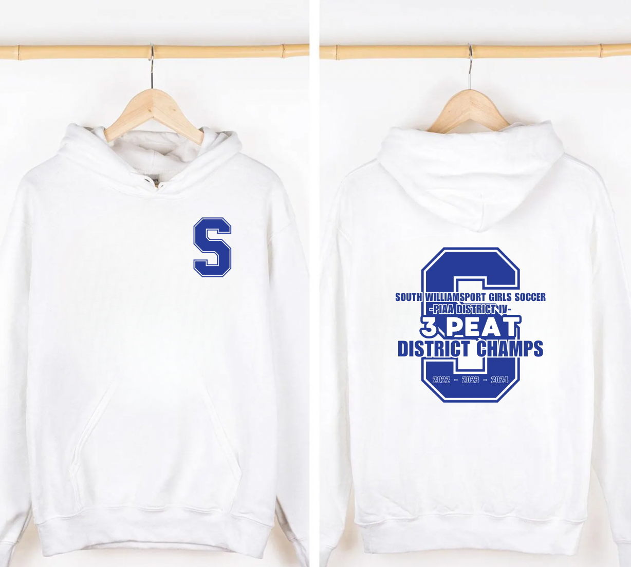 South Williamsport Girls Soccer District Champs White Hooded Sweatshirt With Front and Back Design