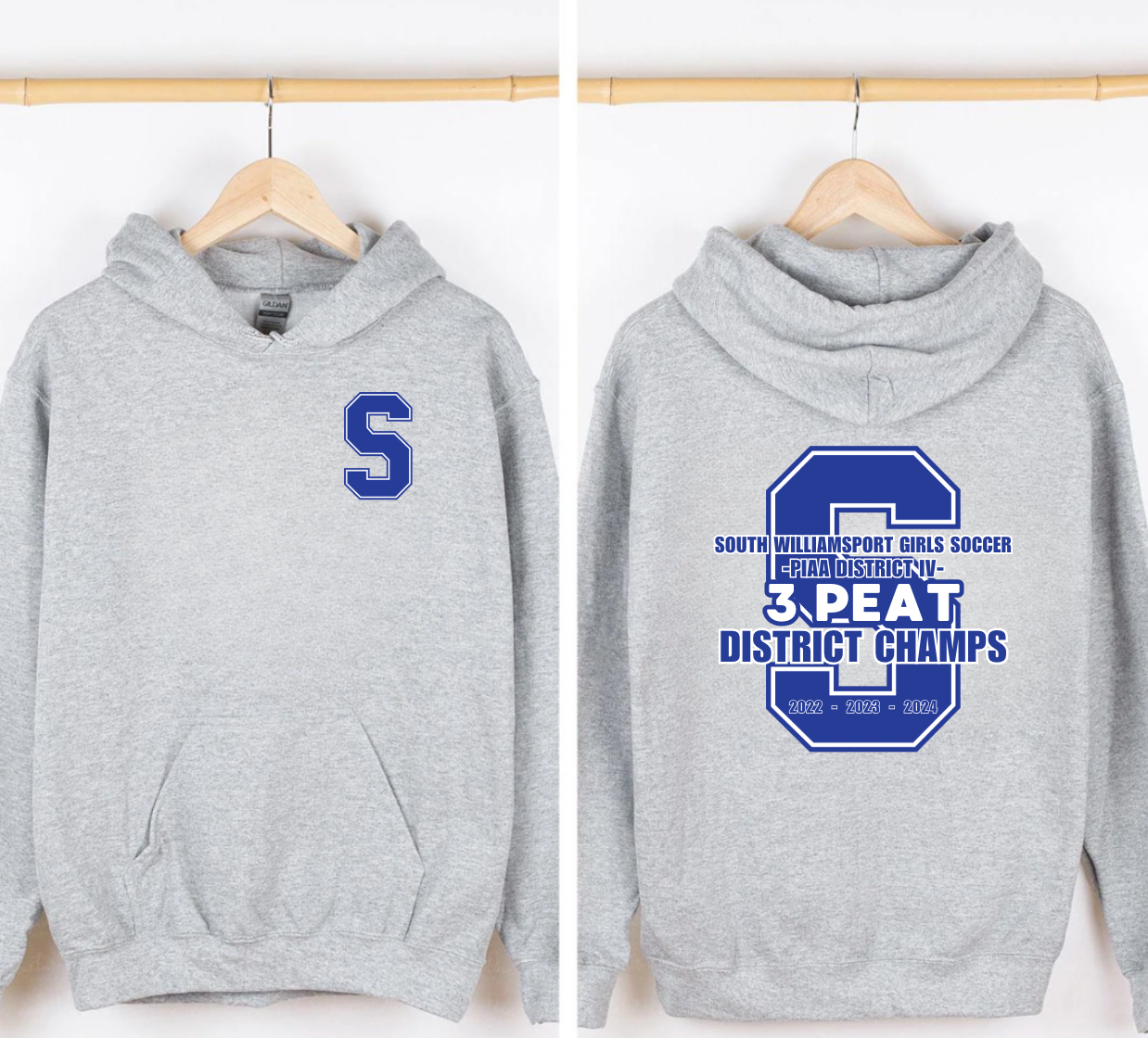 South Williamsport Girls Soccer District Champs Grey Hooded Sweatshirt With Front and Back Design