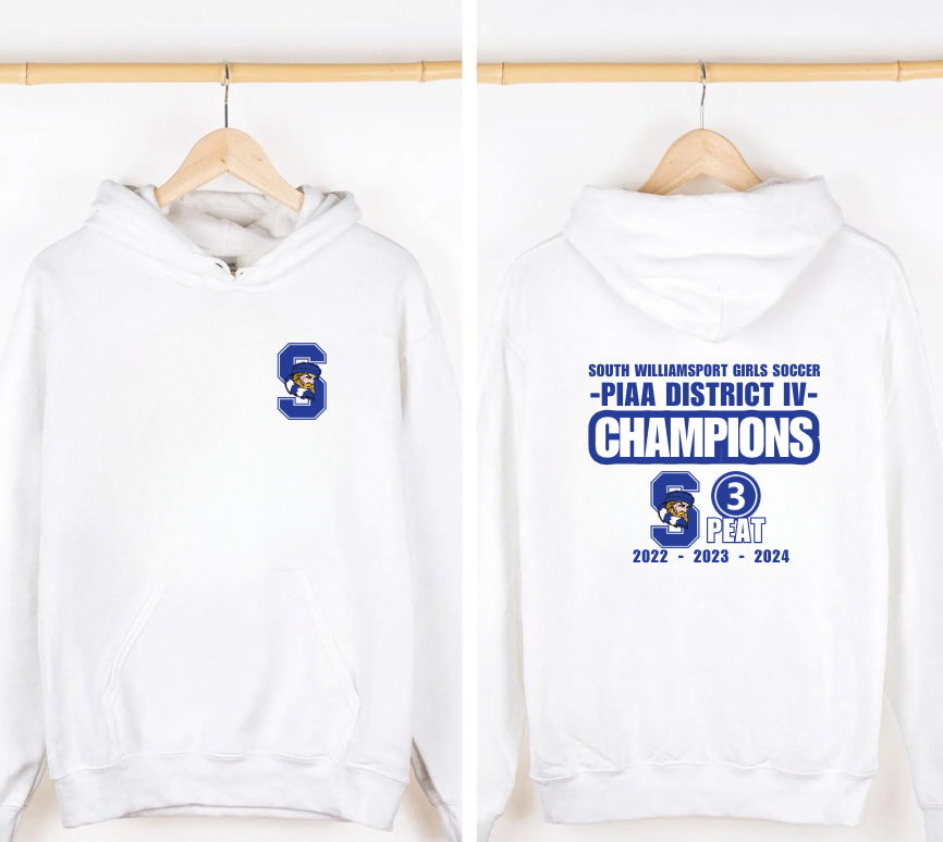 South Williamsport Girls Soccer District Champs White Hooded Sweatshirt With Front and Back Design