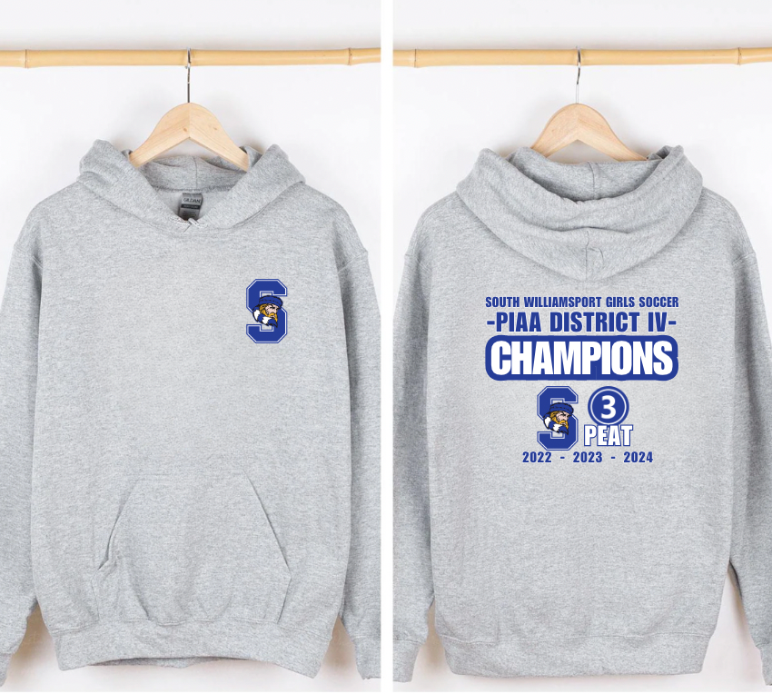 South Williamsport Girls Soccer District Champs Grey Hooded Sweatshirt With Front and Back Design