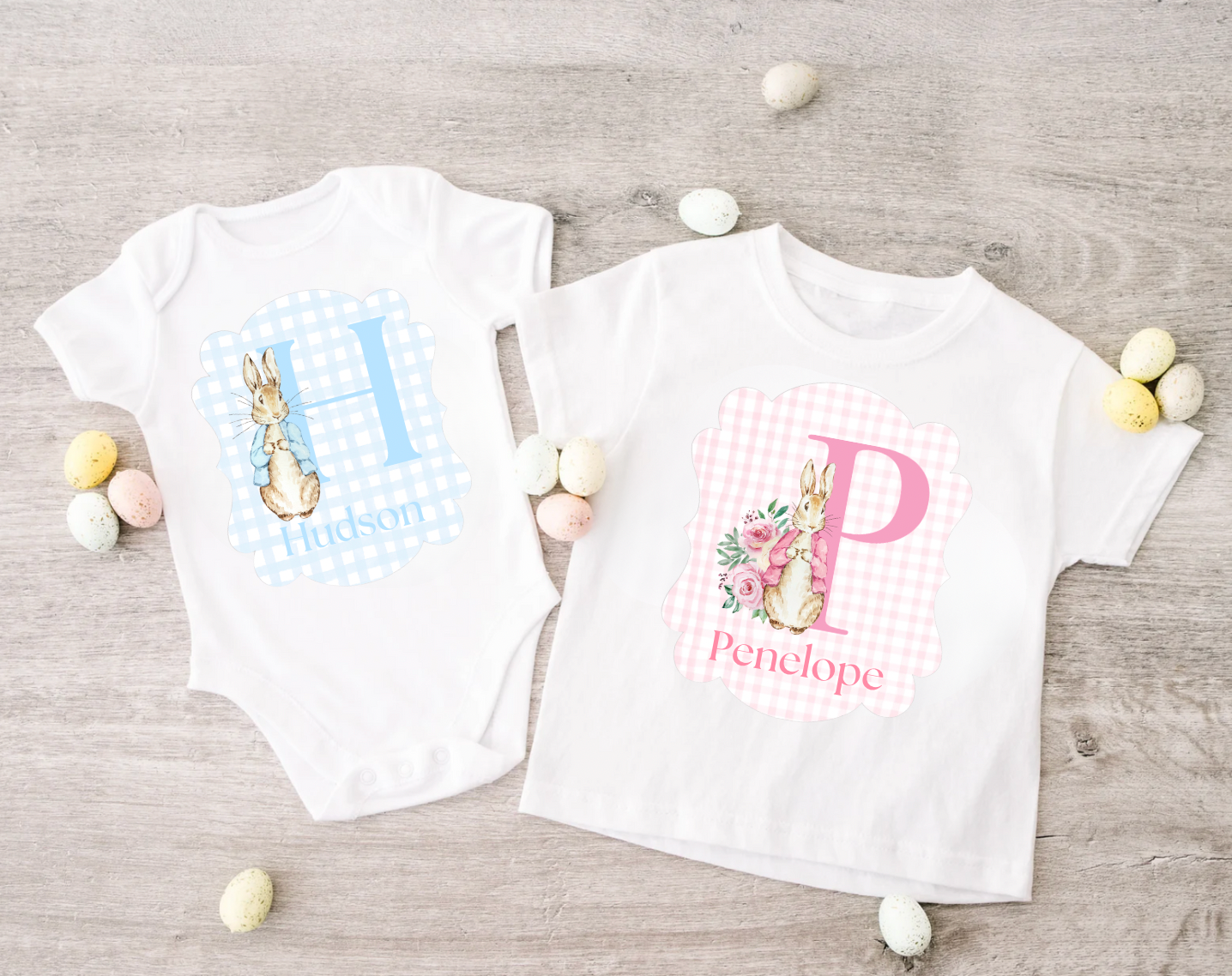 Personalized Gingham Easter Bunny White Shirts