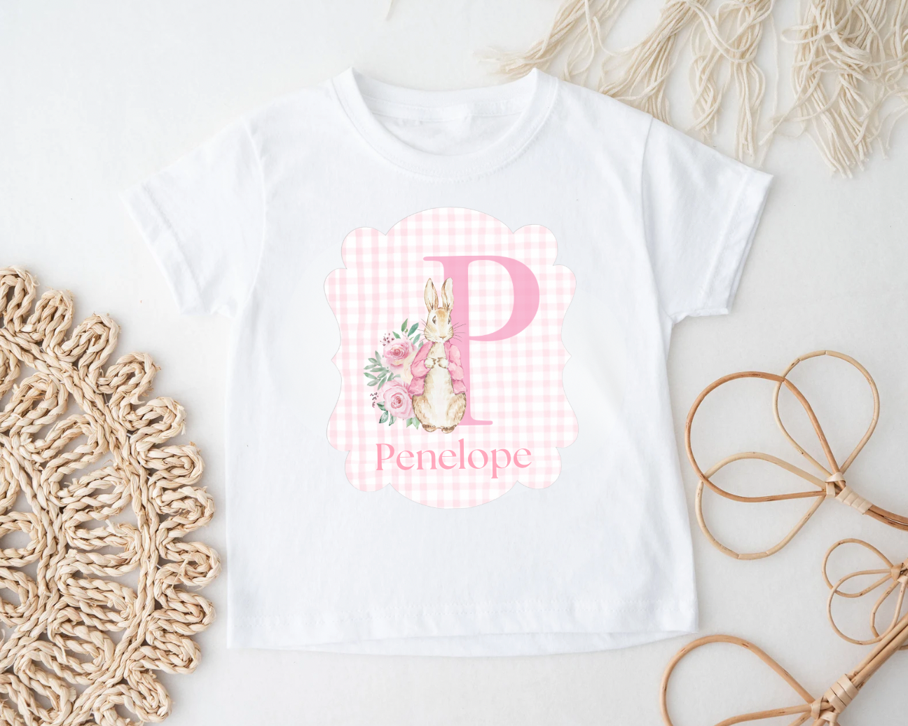Personalized Gingham Easter Bunny White Shirts